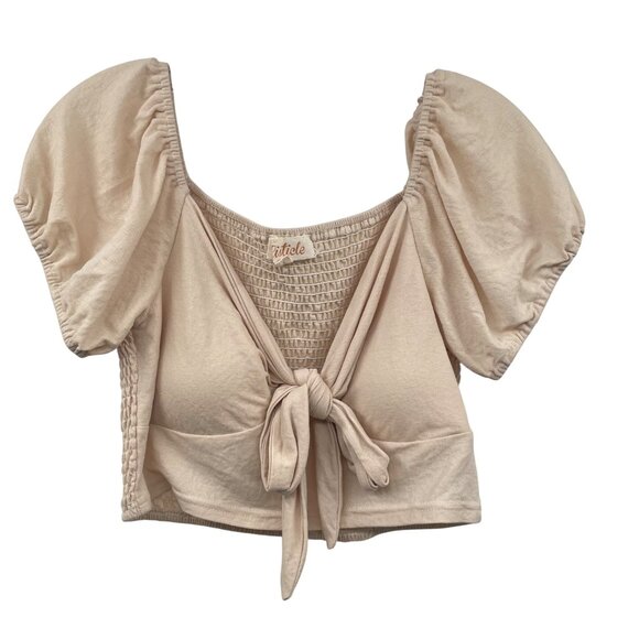 Listicle Womens Crop Top Knotted Front Short Sleeve Beige Size Large Padded - Picture 1 of 7